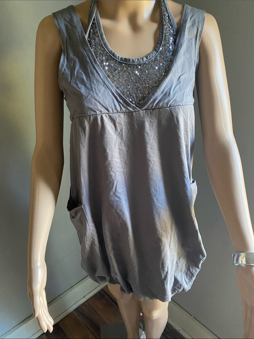 Sleeveless Gray Sequin-Trim Halter Tank Top
